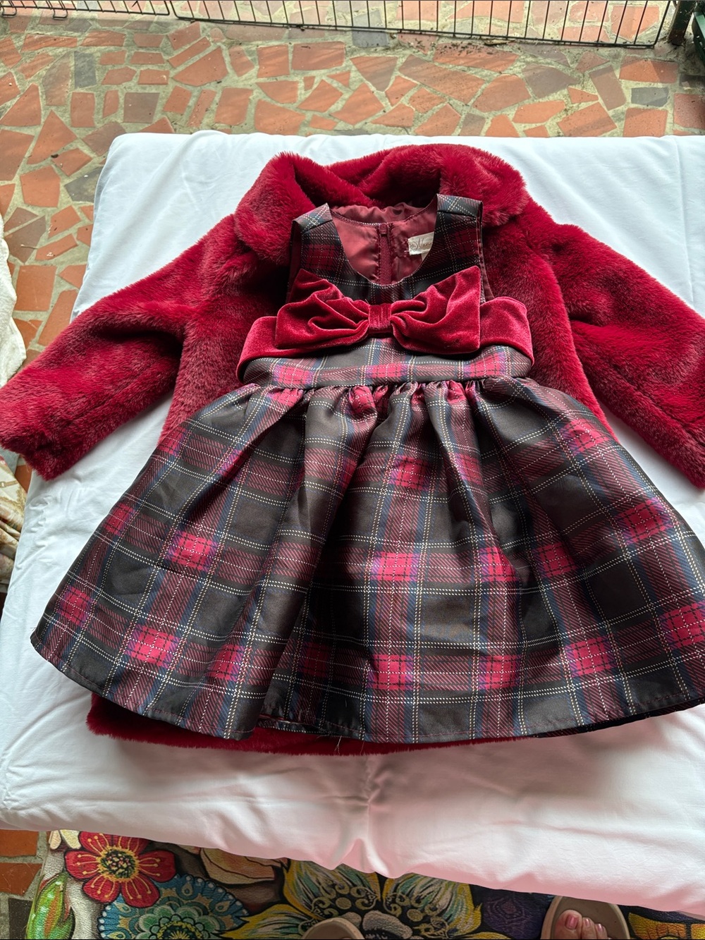 Nanette Red/ Burgundy Faux Fur Coat with Plaid Bow Dress Set. Size 2